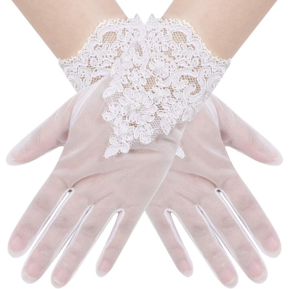 Women's Lvory 09 Floral Short Length Lace Tulle Mesh Wrist Wedding Party Gloves